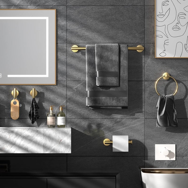 Hinmood Bathroom Hardware Set Brushed Gold, 10pcs Towel Bar Set Including 2pcs16 inch Towel Bars, Toilet Paper Holders, Towel Rings and 4pcs Robe Towel Hooks - Image 2